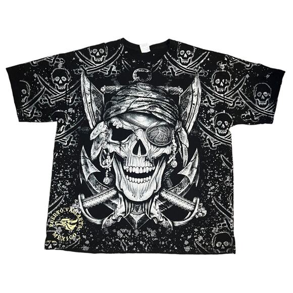YAZBEK Puerto Vallarta Mexico B&W Pirate SKULLS AOP Art Graphic T-Shirt 2XL 2X - Picture 3 of 6
